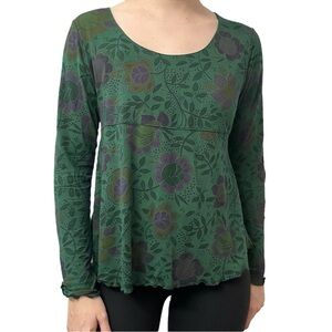 Gudrun Sjoden Long Sleeve Blouse Green Boho Floral Baby Doll Hippie Size Medium